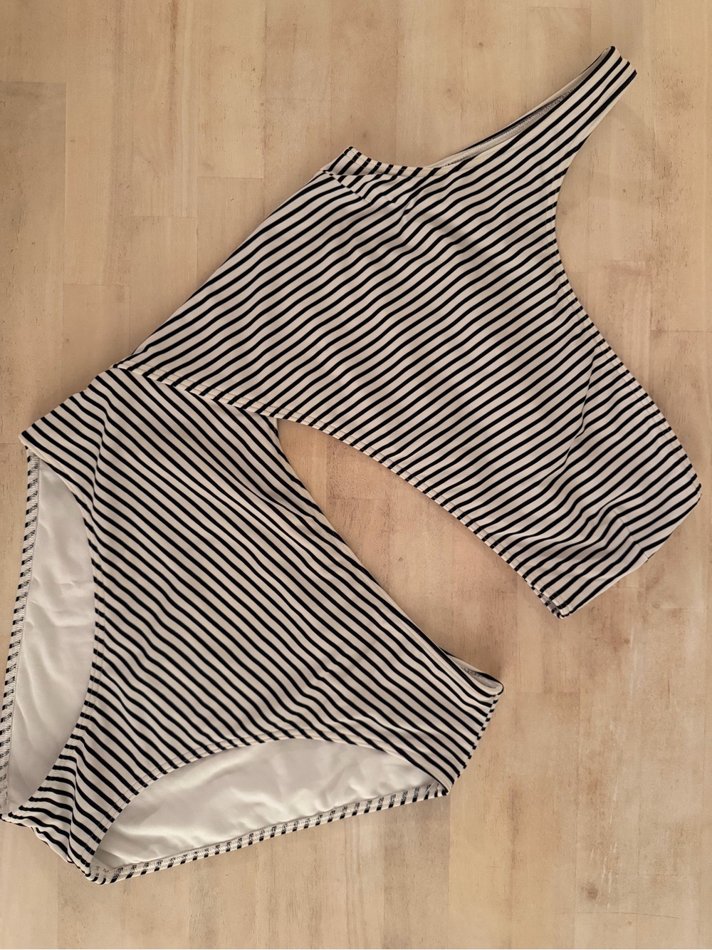 Abercrombie & Fitch Black and White Striped One-Shoulder Swim Top